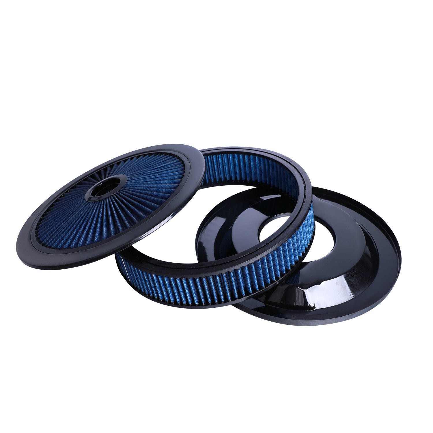 14" x 3" Black Blue Chrome Lid High Flow Air Cleaner Filter Kit - Fits SBC BBC 5-1/8" Neck