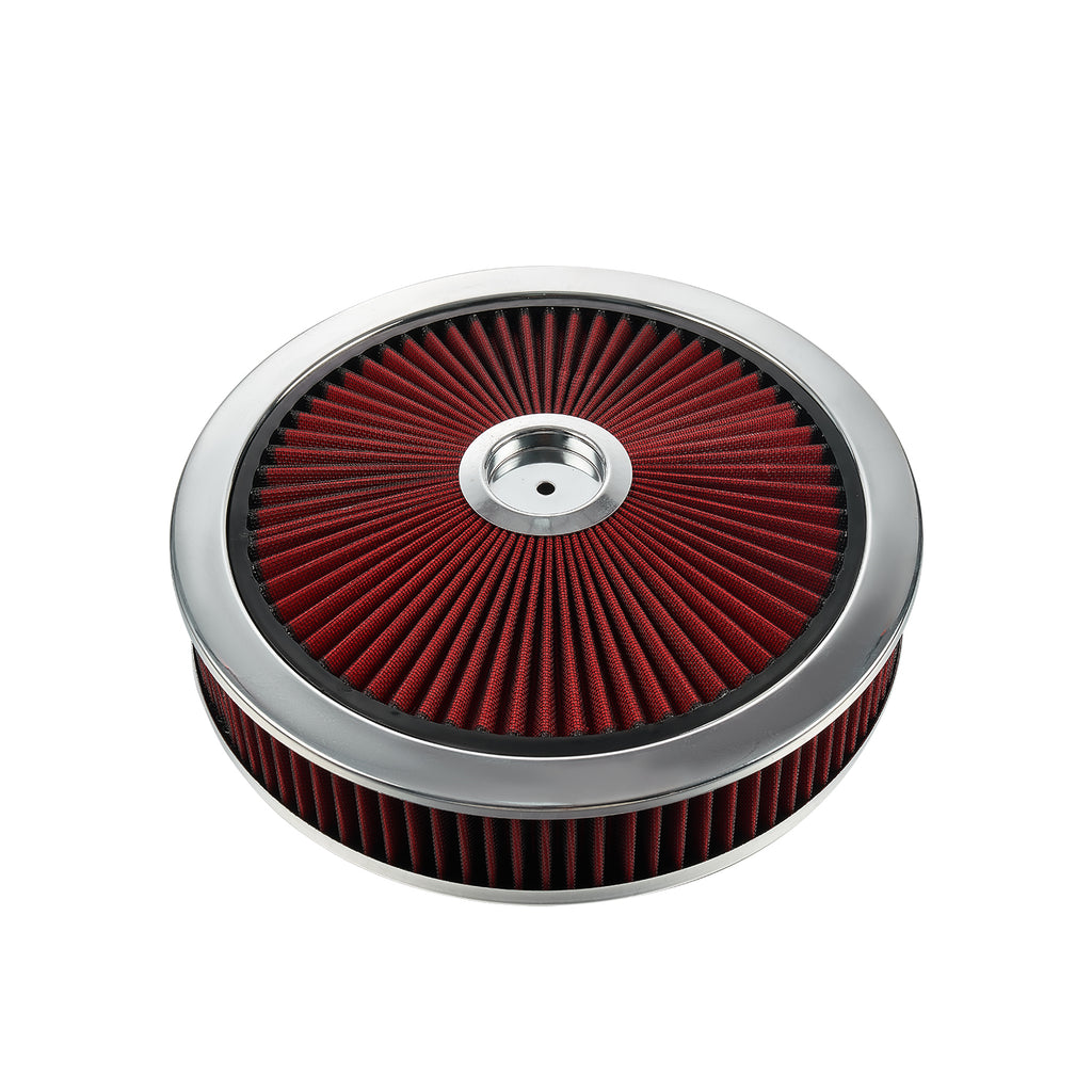 14" x 3" Silver Red Chrome Lid High Flow Air Cleaner Filter Kit - Fits SBC BBC 5-1/8" Neck