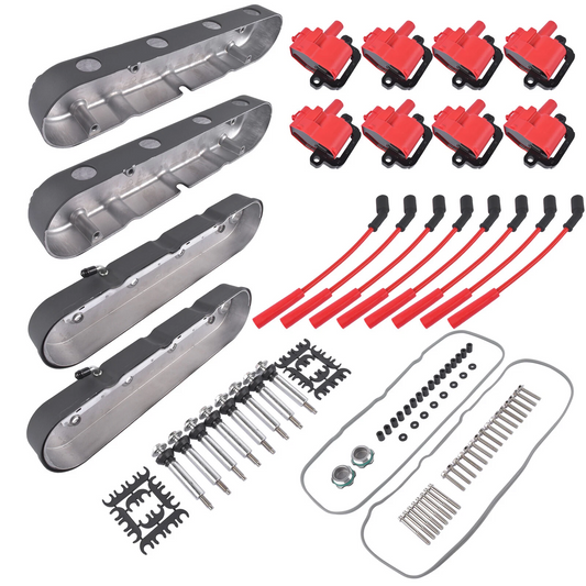 Complete LS Engine Dress-Up & Ignition Performance Kit – Polished Finned Valve Covers, 8 Coil Packs & 8.5mm Plug Wires for GM LS2 LS3 LS7 LS9(P8579-WCS)