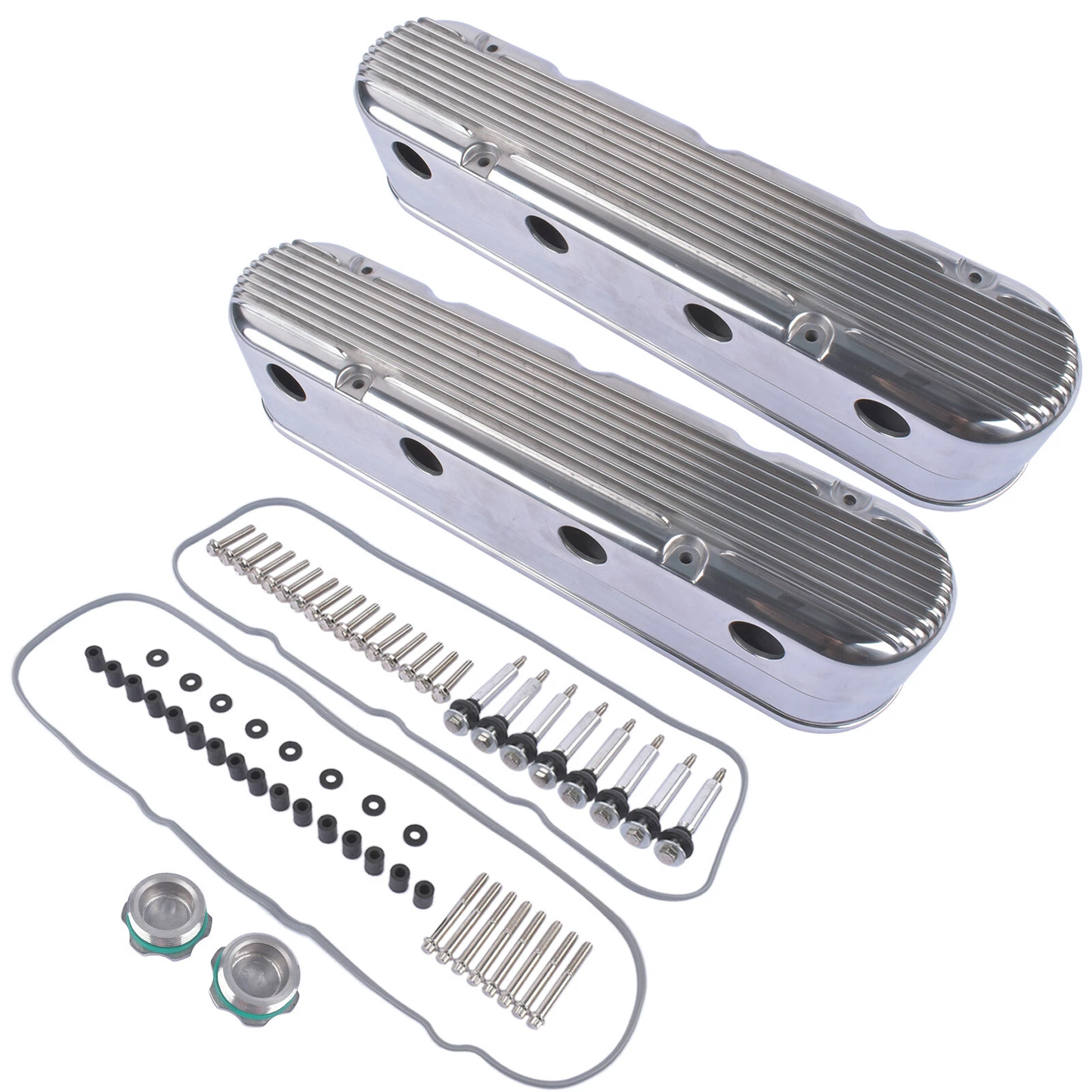 LS Valve Covers with Classic Polished Cast Aluminum Finned Coil Covers – Fits GM LS1 LS2 LS3 LS6 LS7 LSX Engines(P8579)
