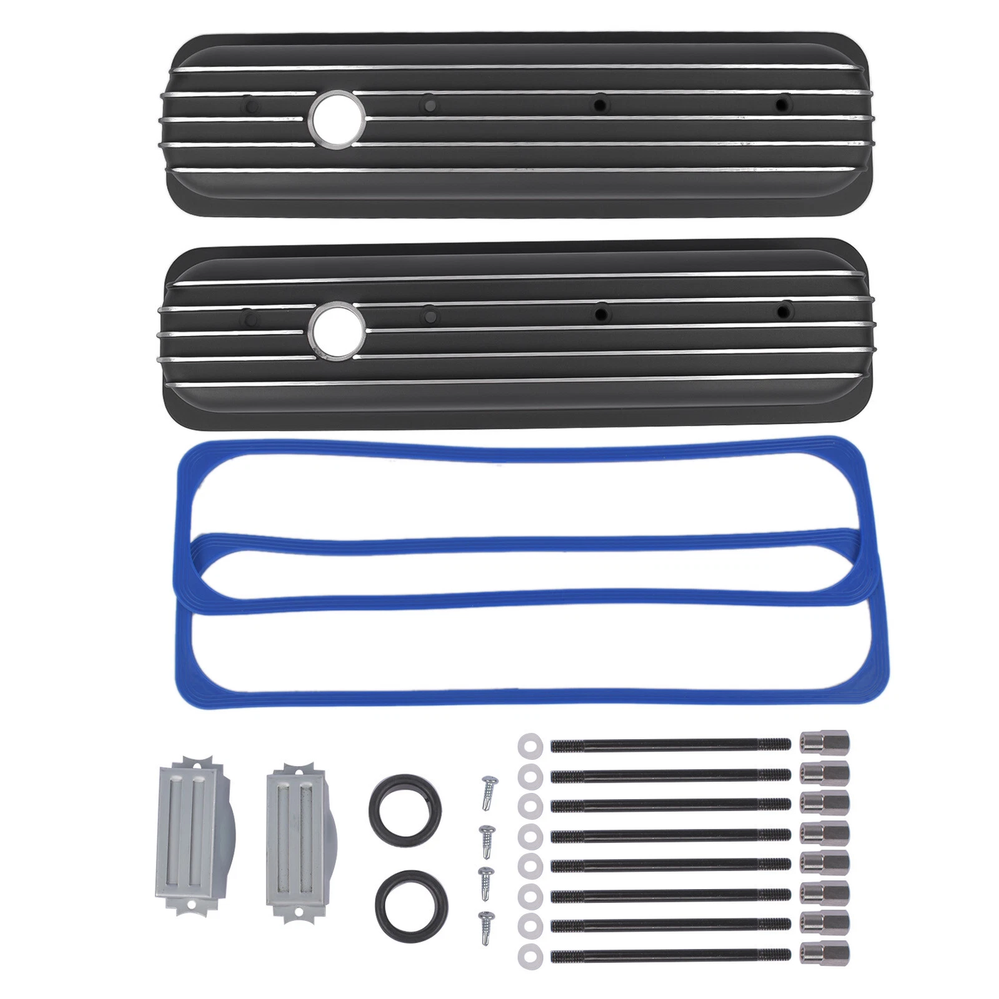 Black Finned Aluminum Valve Covers for Chevy SB 1987-2000 – Short Design, 2-9/16" Tall（PVC8527）