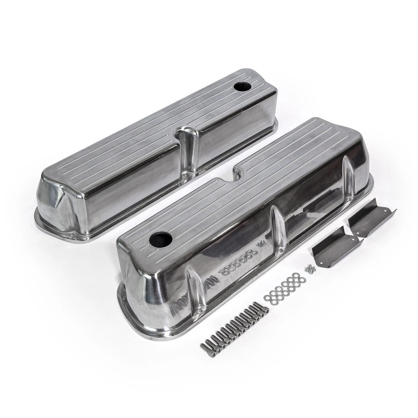 Ford SB 289–302–351W Finned Tall Cast Aluminum Valve Covers – Polished, Ball-Milled, With Breather Holes 1962–1985 (PVC8529)