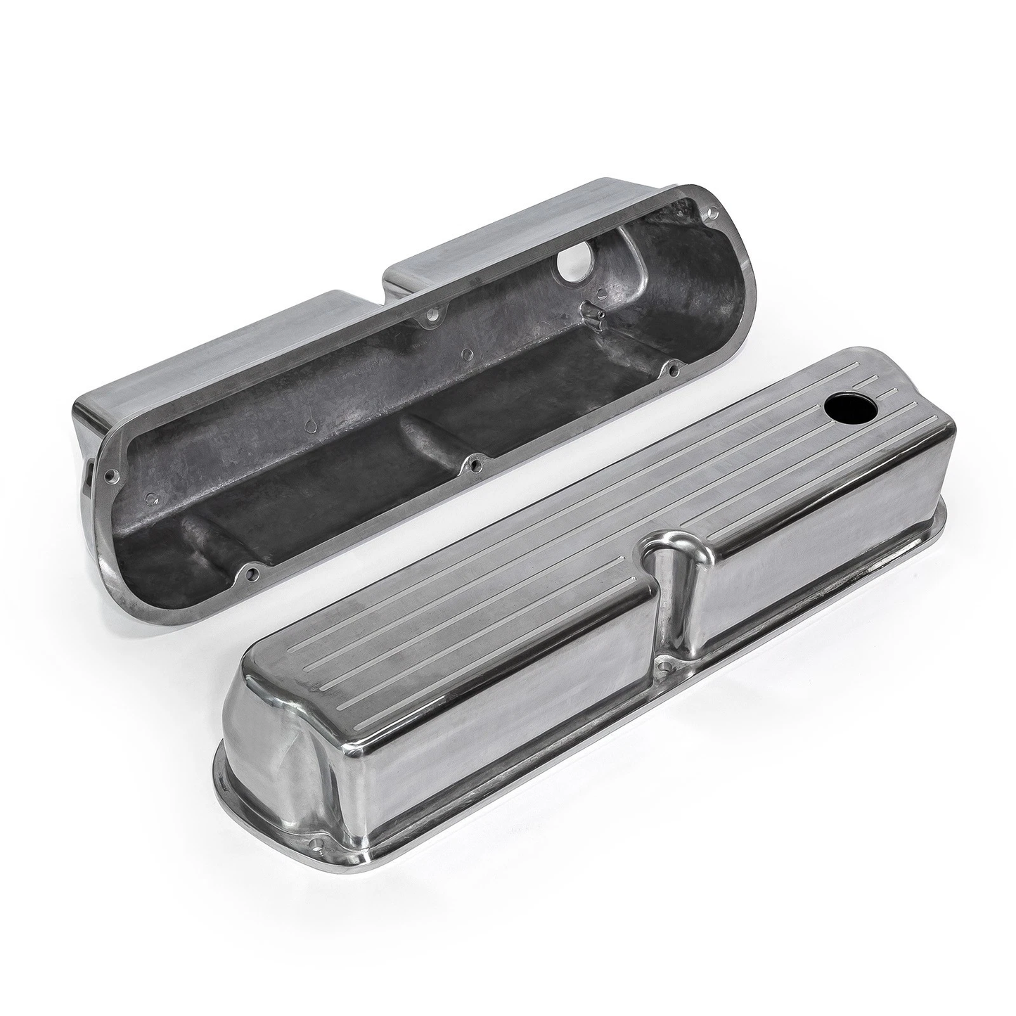 Ford SB 289–302–351W Finned Tall Cast Aluminum Valve Covers – Polished, Ball-Milled, With Breather Holes 1962–1985 (PVC8529)