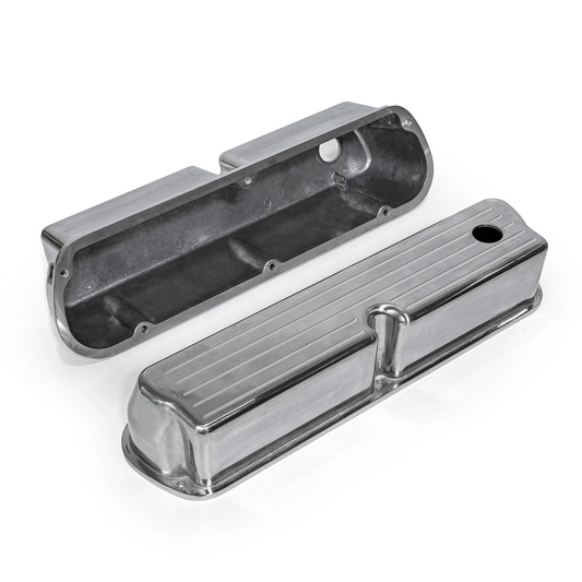 Ford SB 289–302–351W Finned Tall Cast Aluminum Valve Covers – Polished, Ball-Milled, With Breather Holes 1962–1985 (PVC8529)