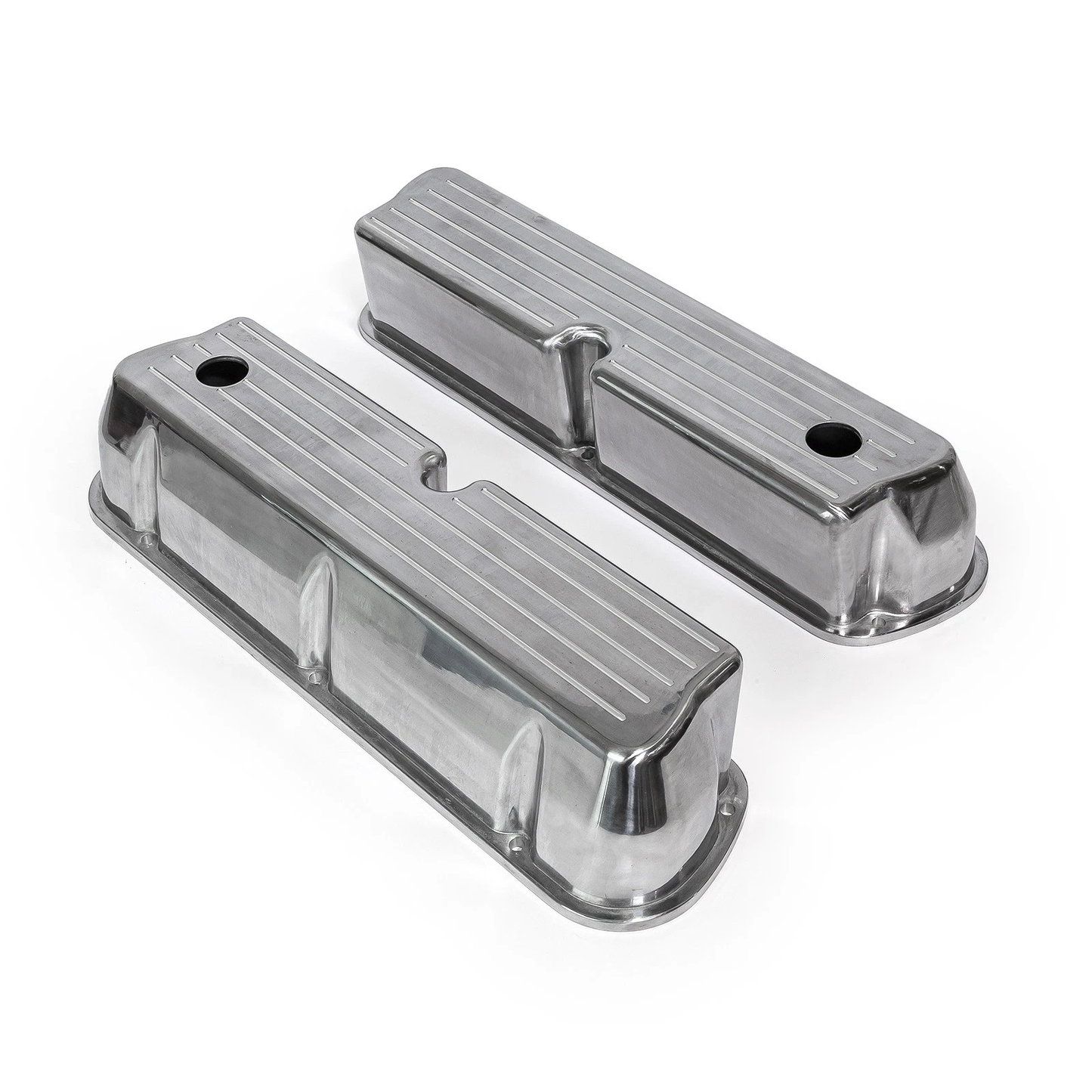Ford SB 289–302–351W Finned Tall Cast Aluminum Valve Covers – Polished, Ball-Milled, With Breather Holes 1962–1985 (PVC8529)